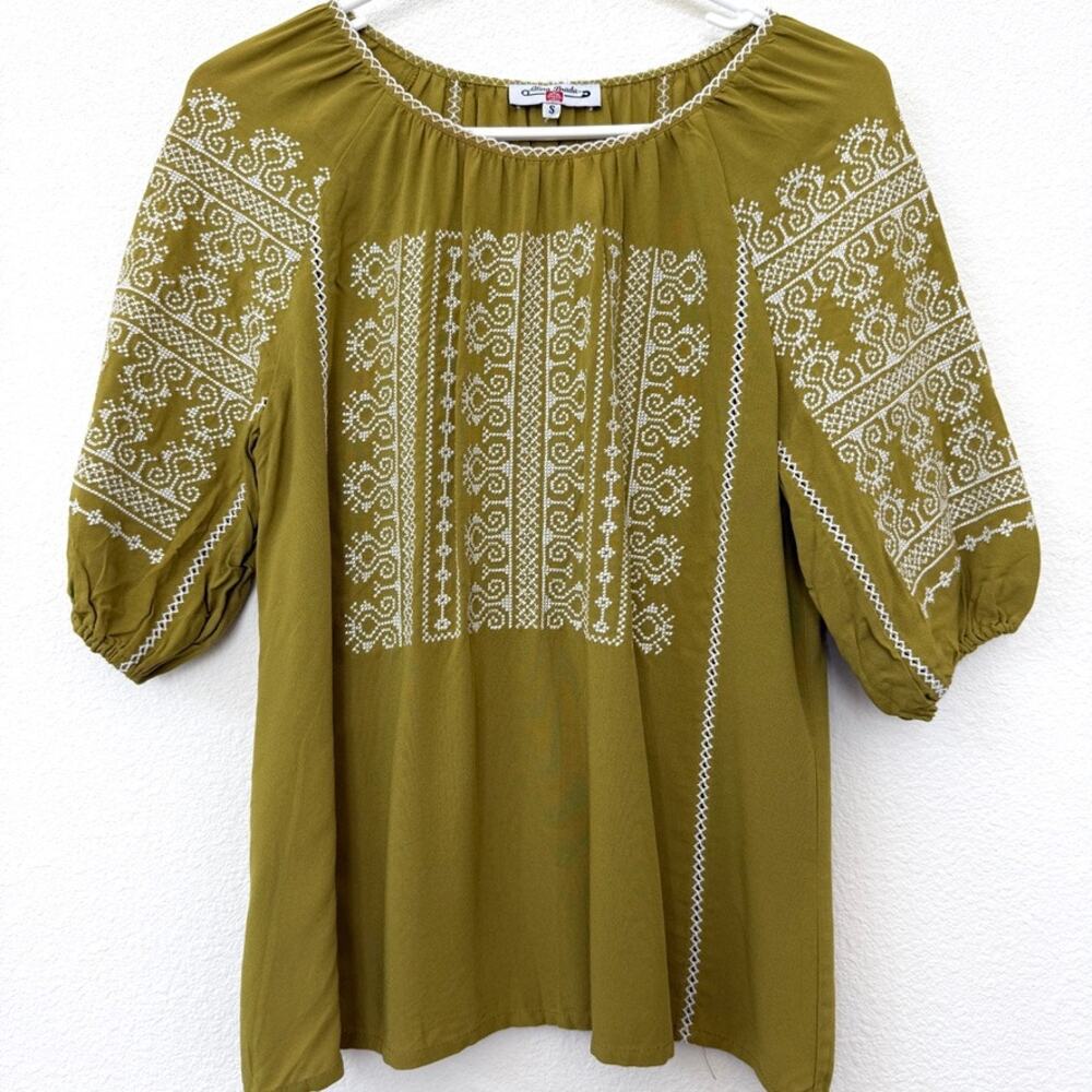 Alina Bradu Peasant Blouse Embroidered Olive Romanian Folk Top Cotton S Boho